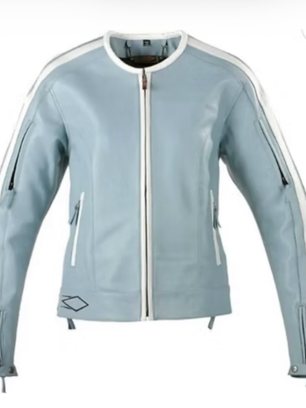 Light Blue Women's Leather Zip-Front Moto Biker Jacket with White Trim